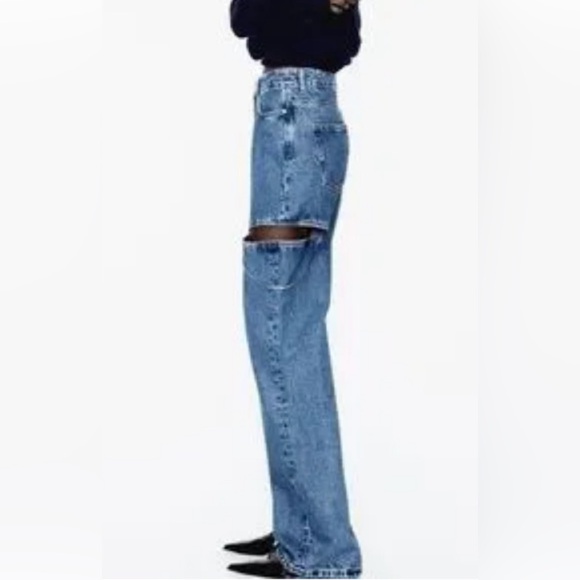 Zara MID WAIST STRAIGHT LEG CUT OUT JEWEL JEANS studded pants denim wide leg - Picture 7 of 11